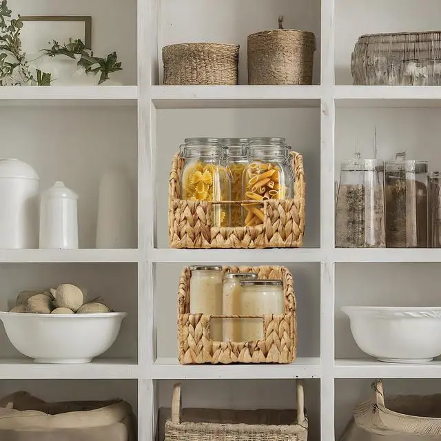 Alt view image 2 of 6 - Casafield Set of 2 Water Hyacinth Pantry Baskets with Handles - Natural, Woven Storage Bin Organizers for Kitchen Shelves, Medium and Large Sizes