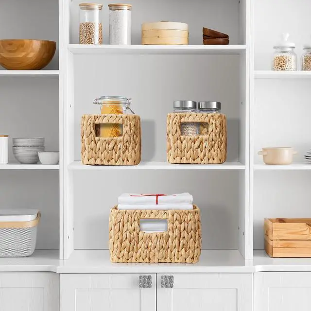 Alt view image 2 of 6 - Casafield Set of 3 Water Hyacinth Storage Baskets for Shelves - 1-Large, 2-Small Woven Organizers with Handles for Bathroom, Laundry, Pantry, Office