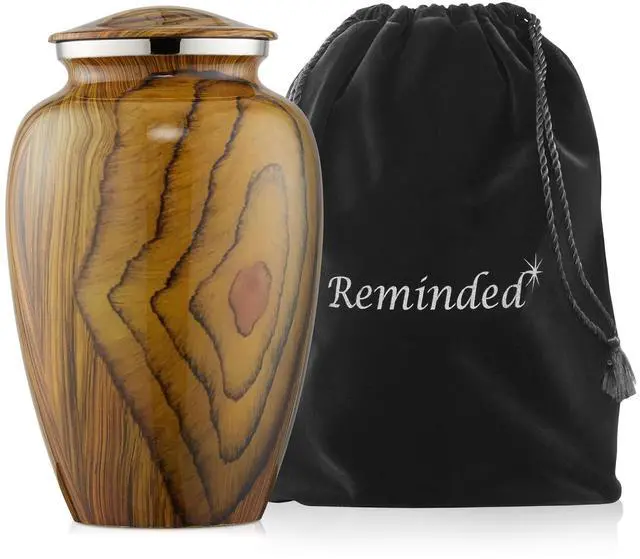 Main image of Reminded Adult Cremation Memorial Urn for Human Ashes, Teak Wood Grain Brass Funeral Urn with Velvet Bag