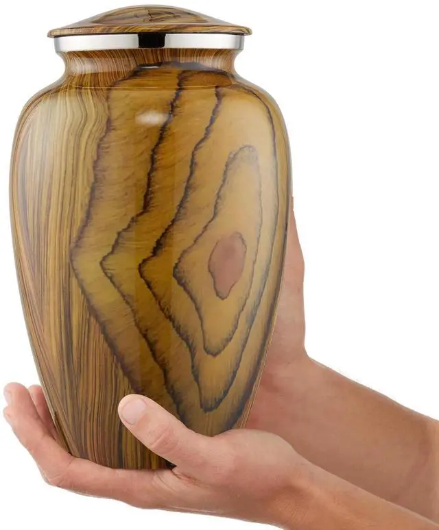 Alt view image 2 of 6 - Reminded Adult Cremation Memorial Urn for Human Ashes, Teak Wood Grain Brass Funeral Urn with Velvet Bag