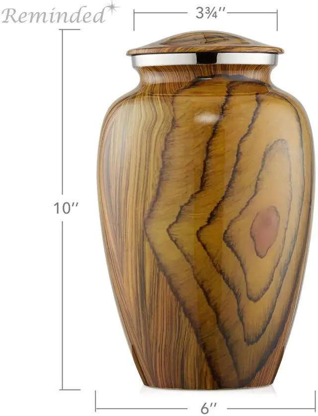 Alt view image 3 of 6 - Reminded Adult Cremation Memorial Urn for Human Ashes, Teak Wood Grain Brass Funeral Urn with Velvet Bag