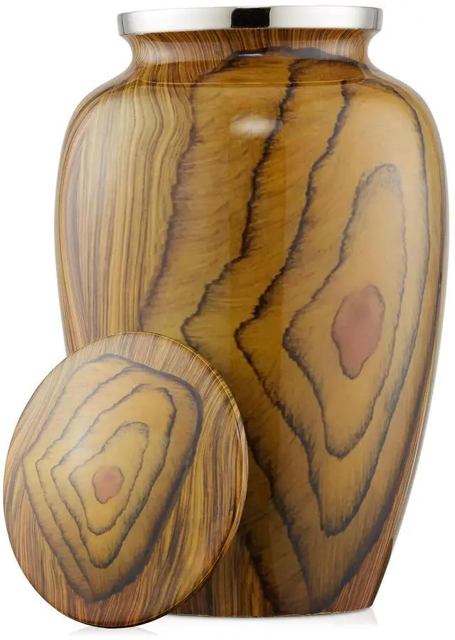 Alt view image 6 of 6 - Reminded Adult Cremation Memorial Urn for Human Ashes, Teak Wood Grain Brass Funeral Urn with Velvet Bag