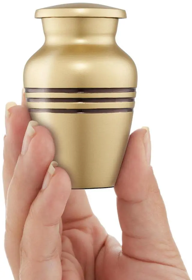 Alt view image 3 of 6 - Reminded Small Cremation Memorial Urn for Human Ashes, Gold with Black Striped Miniature Keepsake Urn with Velvet Case