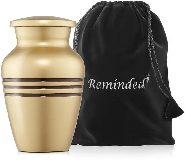 Alt view image 5 of 6 - Reminded Small Cremation Memorial Urn for Human Ashes, Gold with Black Striped Miniature Keepsake Urn with Velvet Case