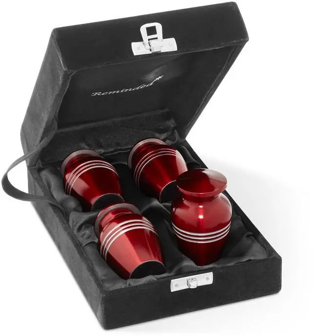 Main image of Reminded  Small Cremation Keepsake Memorial Urns for Human Ashes, Set of 4 Red and Silver Striped Miniature Urns with Velvet Case and Bags