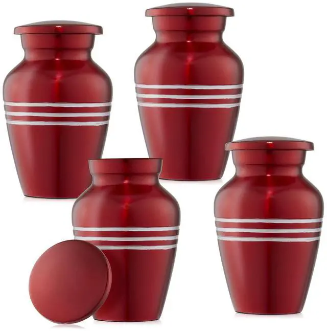 Alt view image 2 of 6 - Reminded  Small Cremation Keepsake Memorial Urns for Human Ashes, Set of 4 Red and Silver Striped Miniature Urns with Velvet Case and Bags