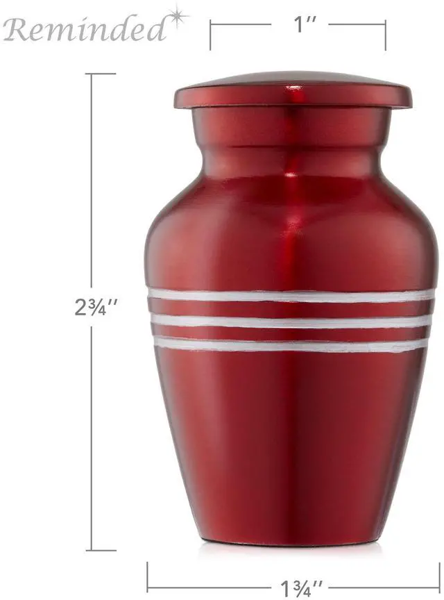 Alt view image 4 of 6 - Reminded  Small Cremation Keepsake Memorial Urns for Human Ashes, Set of 4 Red and Silver Striped Miniature Urns with Velvet Case and Bags