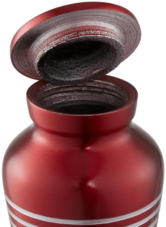 Alt view image 6 of 6 - Reminded  Small Cremation Keepsake Memorial Urns for Human Ashes, Set of 4 Red and Silver Striped Miniature Urns with Velvet Case and Bags