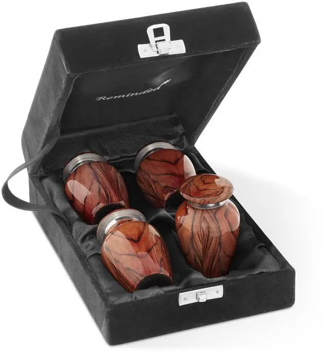 Main image of Reminded Small Cremation Keepsake Urns for Human Ashes, Set of 4 Cherry Wood Grain Miniature Urns with Velvet Case and Bags