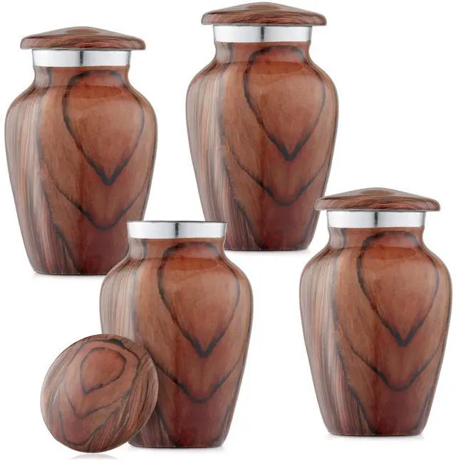 Alt view image 2 of 6 - Reminded Small Cremation Keepsake Urns for Human Ashes, Set of 4 Cherry Wood Grain Miniature Urns with Velvet Case and Bags