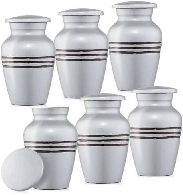 Alt view image 2 of 6 - Reminded Small Cremation Keepsake Memorial Urns for Human Ashes, Set of 6 Silver and Black Striped Miniature Urns with Velvet Case and Bags