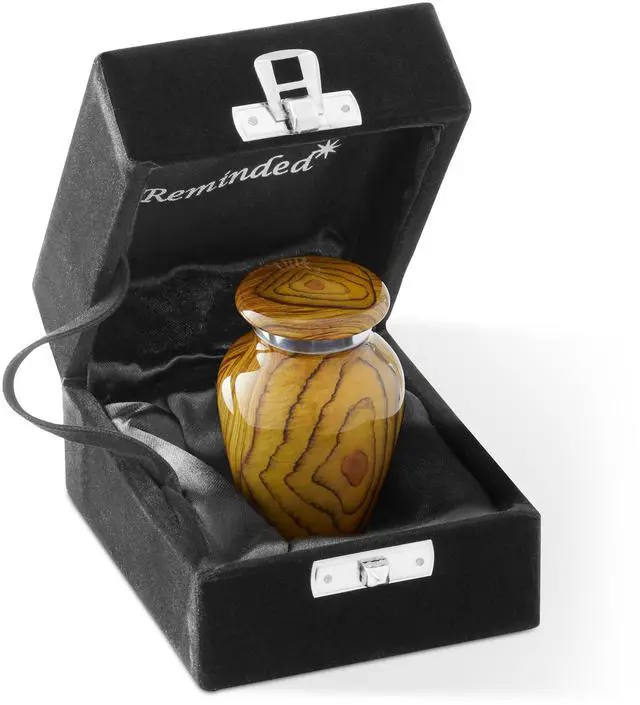 Main image of Reminded Small Cremation Memorial Urn for Human Ashes, Teak Wood Grain Miniature Keepsake Urn with Velvet Case