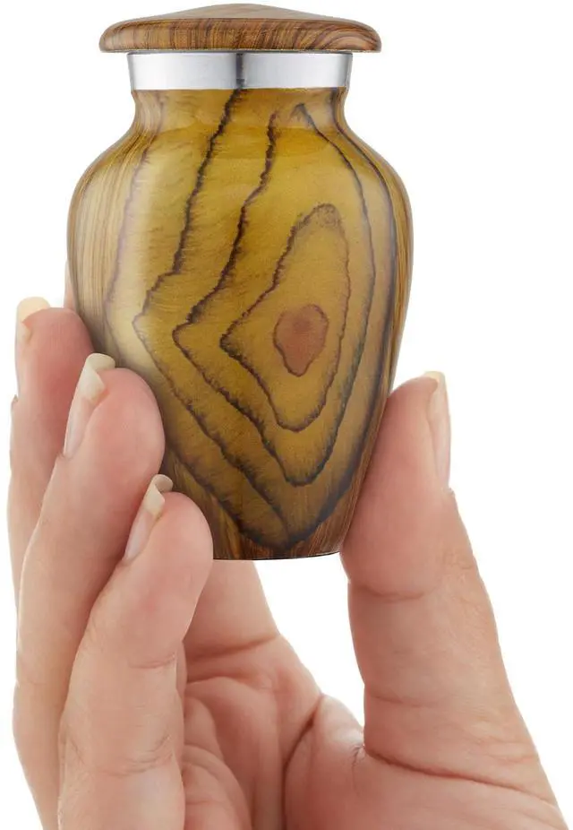 Alt view image 3 of 6 - Reminded Small Cremation Memorial Urn for Human Ashes, Teak Wood Grain Miniature Keepsake Urn with Velvet Case