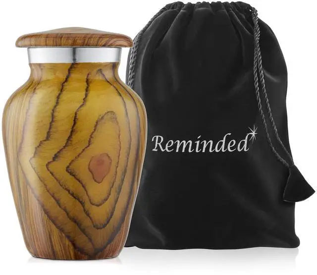 Alt view image 5 of 6 - Reminded Small Cremation Memorial Urn for Human Ashes, Teak Wood Grain Miniature Keepsake Urn with Velvet Case