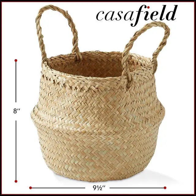 Alt view image 6 of 6 - Casafield Seagrass Belly Storage Basket Planter with Handles - Small, Natural Woven Wicker Indoor Plant Pot Cover for Plants and Trees