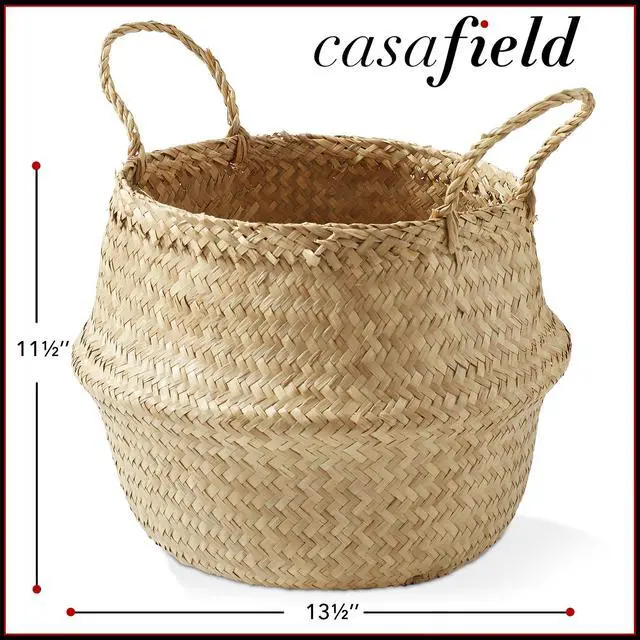 Alt view image 6 of 6 - Casafield Seagrass Belly Storage Basket Planter with Handles - Large, Natural Woven Wicker Indoor Plant Pot Cover for Plants and Trees