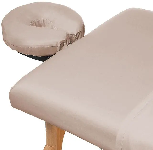 Alt view image 3 of 6 - Saloniture 3-Piece Microfiber Massage Table Sheet Set - Premium Facial Bed Cover - Includes Flat and Fitted Sheets with Face Cradle Cover - Sand Brown