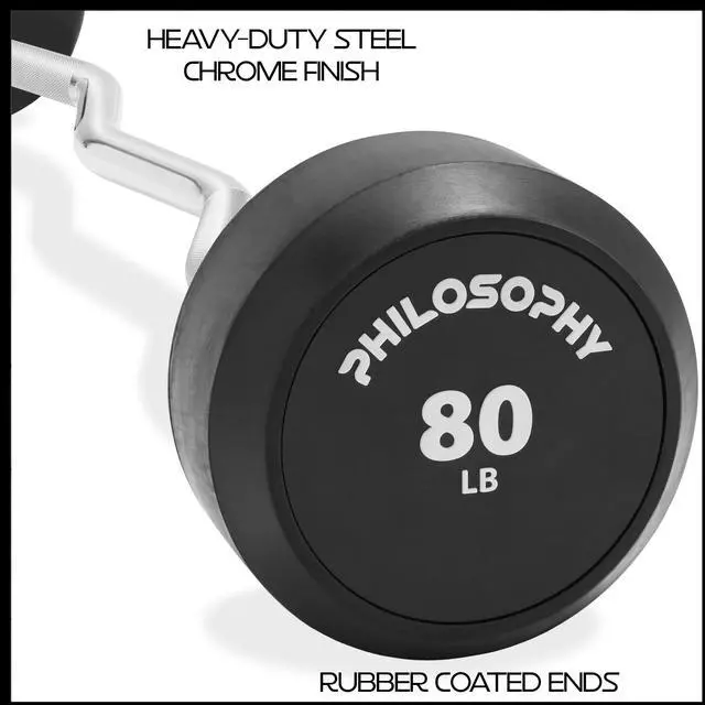 Alt view image 5 of 6 - Philosophy Gym Rubber Fixed Barbell, 80 LB Pre-Loaded Weight EZ Curl Bar for Strength Training & Weightlifting