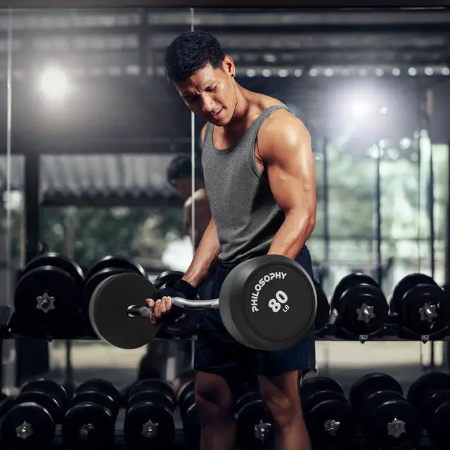 Alt view image 6 of 6 - Philosophy Gym Rubber Fixed Barbell, 80 LB Pre-Loaded Weight EZ Curl Bar for Strength Training & Weightlifting