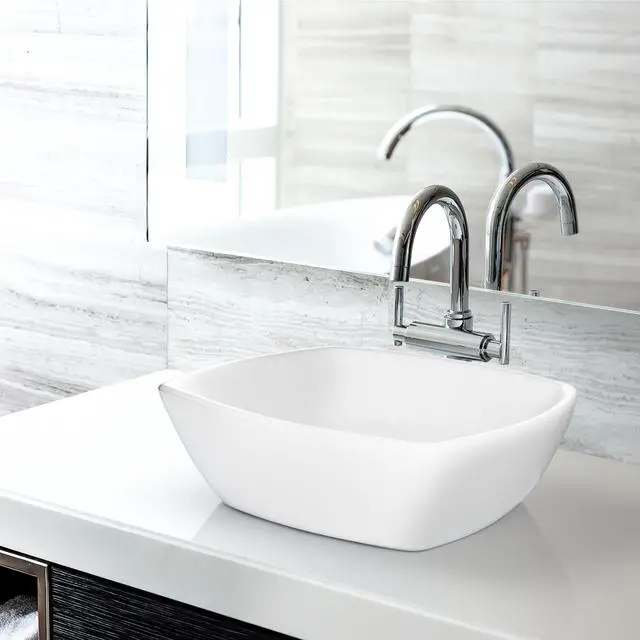 Alt view image 2 of 6 - Miligoré 16" x 16" Flared Square White Ceramic Vessel Sink - Modern Above Counter Bathroom Vanity Bowl