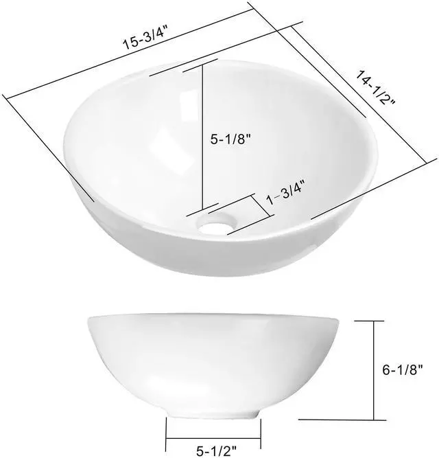 Alt view image 6 of 6 - Miligoré 16" Round White Ceramic Vessel Sink - Modern Above Counter Bathroom Vanity Bowl