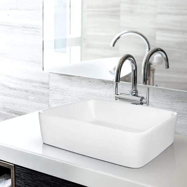 Alt view image 2 of 7 - Miligoré 19" x 15" Rectangular White Ceramic Vessel Sink - Modern Above Counter Bathroom Vanity Bowl