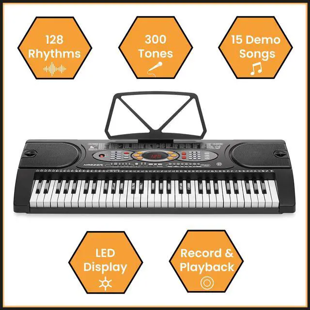 Alt view image 2 of 7 - Hamzer 61-Key Electronic Keyboard Portable Digital Music Piano with H-Stand, Stool, Headphones, Microphone, & Sticker Set