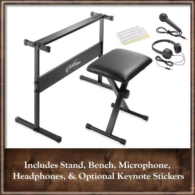 Alt view image 6 of 6 - Ashthorpe 61-Key Digital Electronic Keyboard Piano, Beginner Kit with Stand, Bench, Headphones, Mic and Keynote Stickers