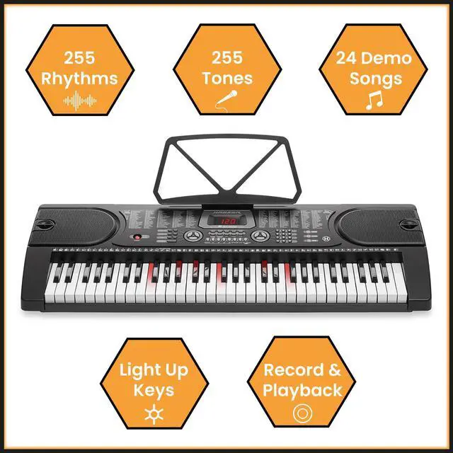 Alt view image 2 of 6 - Hamzer 61 Key Keyboard Piano with Lighted Keys, Built-In Speakers, Stand, Bench, & Key Labels - Portable Electronic Musical Keyboard Set for Beginners