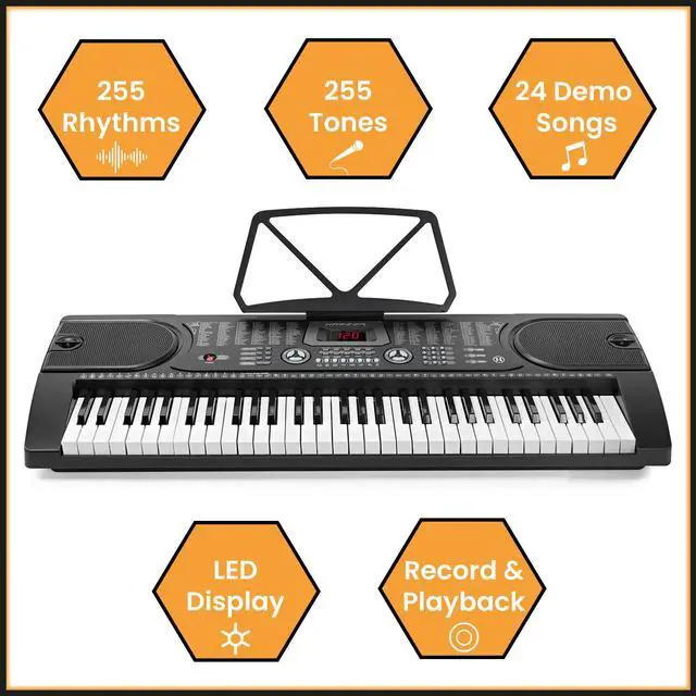 Alt view image 2 of 8 - Hamzer 61 Key Keyboard Piano with Built-In Speakers, Stand, Bench, Headphones, Microphone & Key Labels - Electronic Musical Keyboard Set for Beginners
