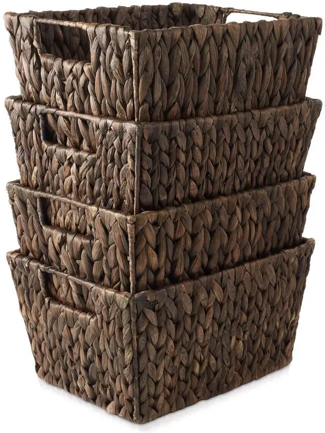 Alt view image 2 of 6 - Casafield Set of 4 Water Hyacinth Storage Baskets with Handles - Espresso, Woven Rectangular Storage Bins for Shelves, Blankets, Laundry Organization