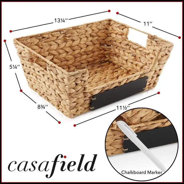 Alt view image 3 of 6 - Casafield Set of 2 Water Hyacinth Pantry Baskets with Handles, Chalkboard Labels, and Marker - Natural, Wide Woven Storage Bin Organizers for Kitchen Shelves