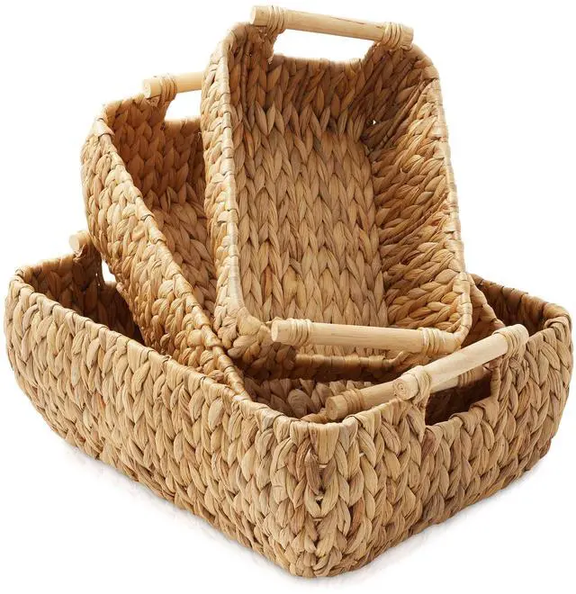 Alt view image 2 of 6 - Casafield Set of 3 Water Hyacinth Oval Storage Baskets with Wooden Handles - Small, Medium, Large - Woven Nesting Basket Organizers