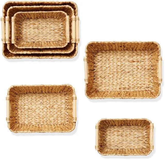 Alt view image 6 of 6 - Casafield Set of 3 Water Hyacinth Oval Storage Baskets with Wooden Handles - Small, Medium, Large - Woven Nesting Basket Organizers