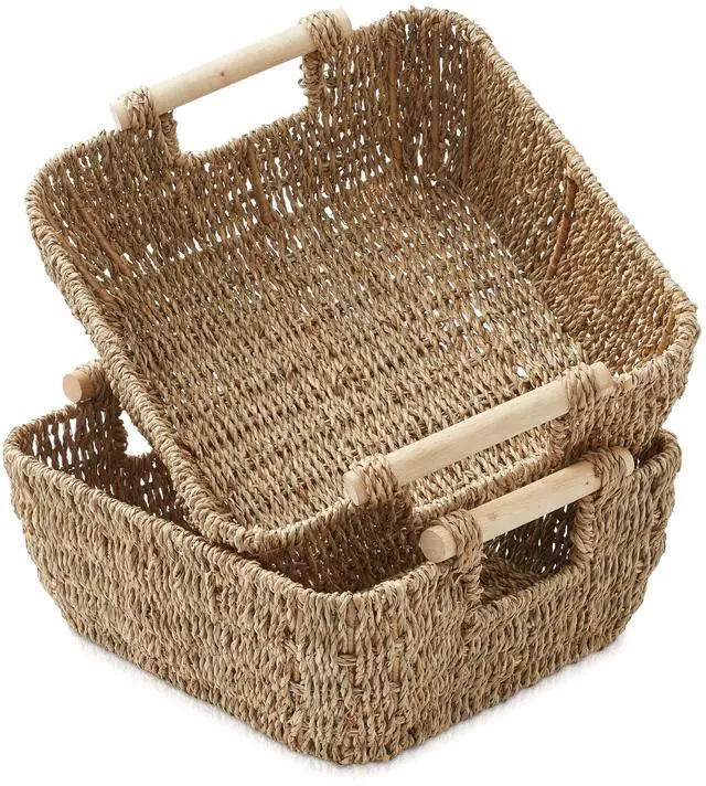 Main image of Casafield Set of 2 Seagrass Oval Storage Baskets with Wooden Handles - Small, Woven Bin Organizers