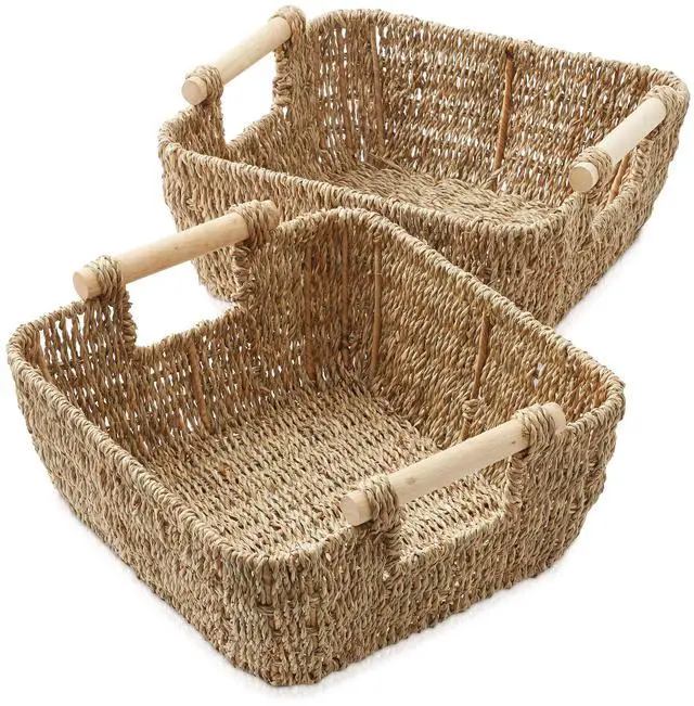 Alt view image 2 of 6 - Casafield Set of 2 Seagrass Oval Storage Baskets with Wooden Handles - Small, Woven Bin Organizers