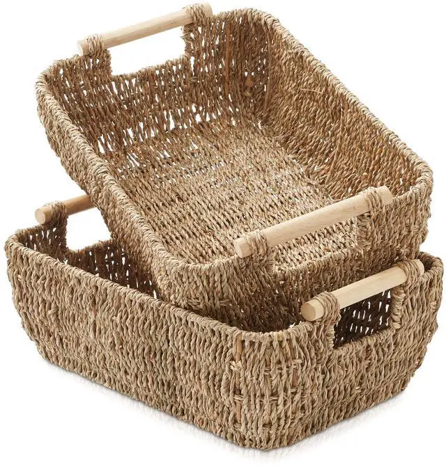 Main image of Casafield Set of 2 Seagrass Oval Storage Baskets with Wooden Handles - Large, Woven Bin Organizers