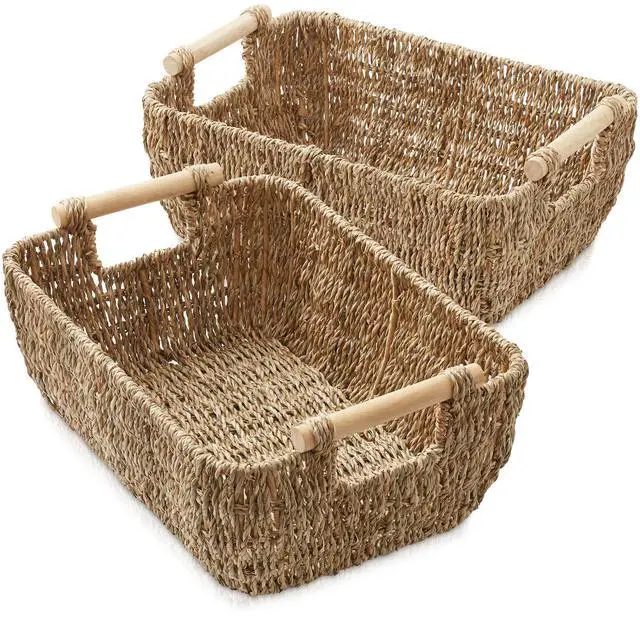 Alt view image 2 of 6 - Casafield Set of 2 Seagrass Oval Storage Baskets with Wooden Handles - Large, Woven Bin Organizers