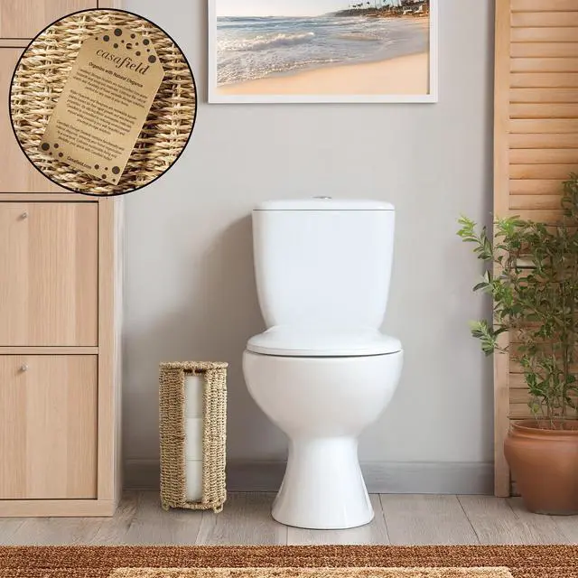 Alt view image 2 of 6 - Casafield Free Standing Toilet Paper Storage Roll Holder with Lid - Natural, Fits 3 Rolls, Seagrass Bath Tissue Organizer for Bathroom