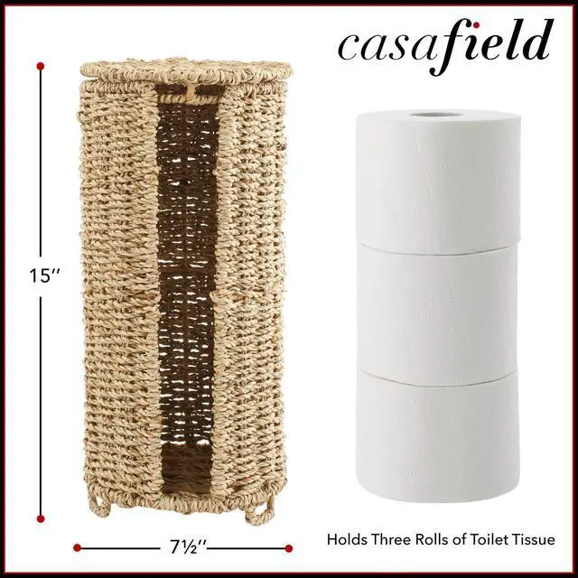 Alt view image 3 of 6 - Casafield Free Standing Toilet Paper Storage Roll Holder with Lid - Natural, Fits 3 Rolls, Seagrass Bath Tissue Organizer for Bathroom