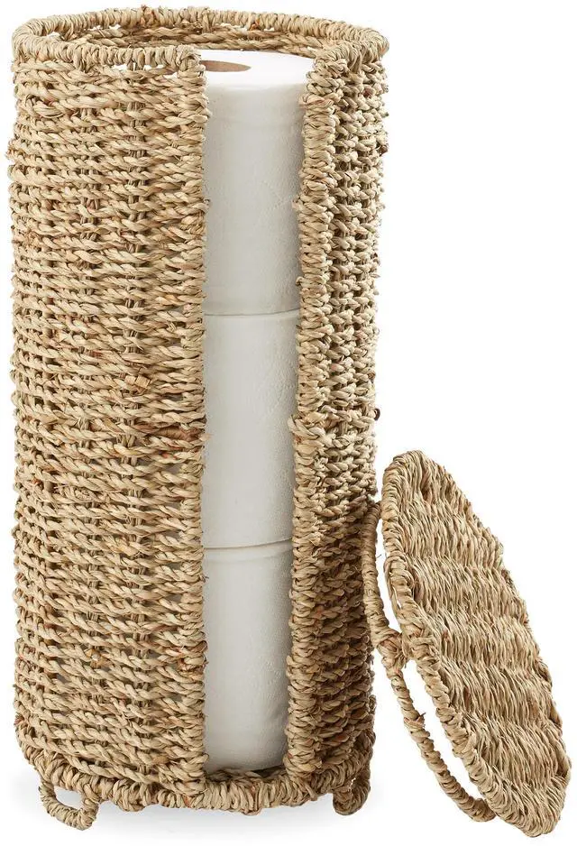 Alt view image 6 of 6 - Casafield Free Standing Toilet Paper Storage Roll Holder with Lid - Natural, Fits 3 Rolls, Seagrass Bath Tissue Organizer for Bathroom