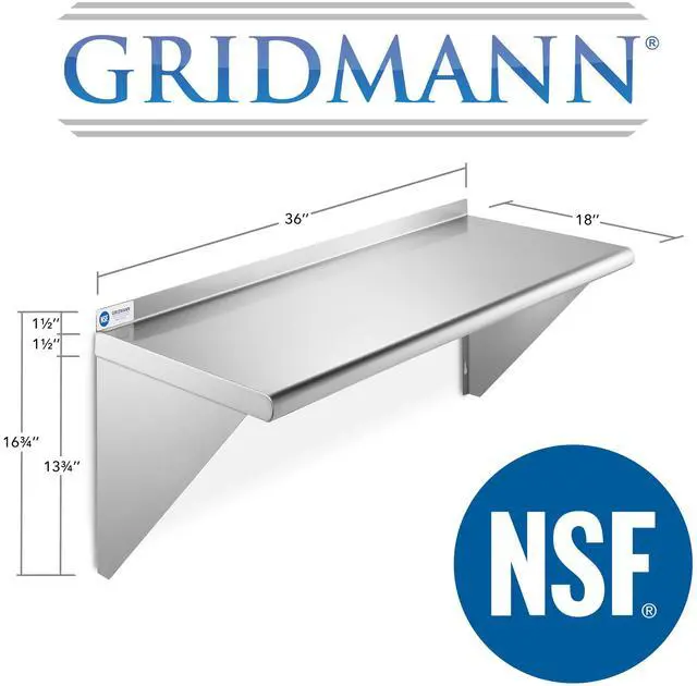 Alt view image 5 of 6 - GRIDMANN 18" x 36" Stainless Steel Wall Mount Shelf with Backsplash, Commercial Grade - NSF Certified 18 Gauge Shelving for Restaurant, Kitchen, Utility Room, Garage