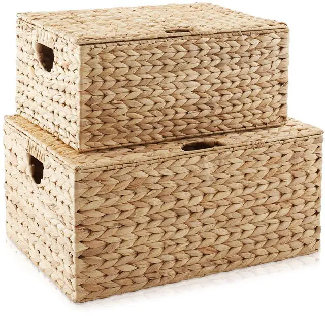Main image of Casafield Set of 2 Water Hyacinth Rectangular Storage Baskets with Lids (Natural - Medium/Large) for Bedroom, Bathroom, Laundry, Home Office