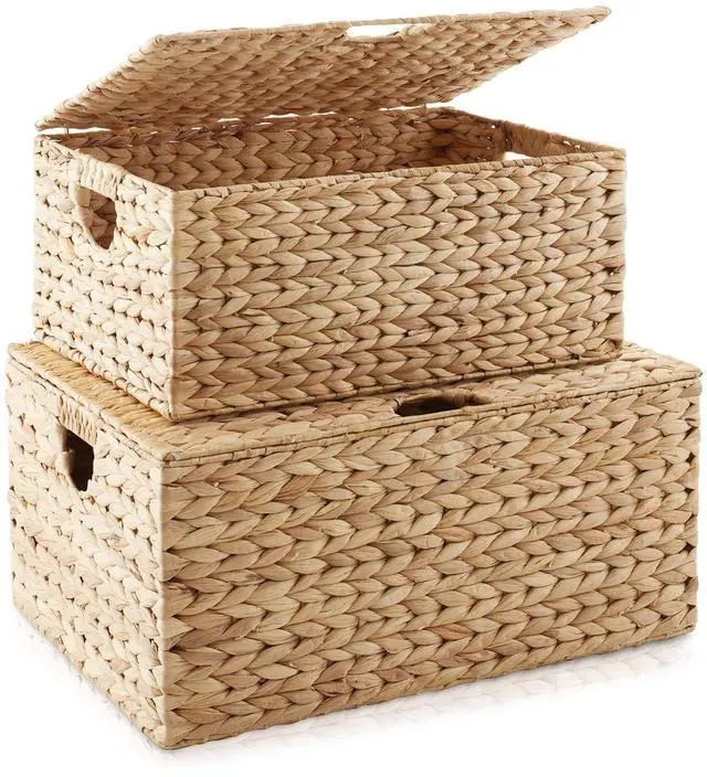 Alt view image 3 of 6 - Casafield Set of 2 Water Hyacinth Rectangular Storage Baskets with Lids (Natural - Medium/Large) for Bedroom, Bathroom, Laundry, Home Office