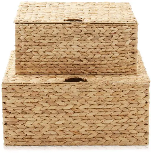 Alt view image 4 of 6 - Casafield Set of 2 Water Hyacinth Rectangular Storage Baskets with Lids (Natural - Medium/Large) for Bedroom, Bathroom, Laundry, Home Office