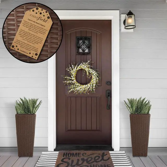 Alt view image 2 of 6 - Casafield Set of 2 All-Weather Outdoor Planters with Liners, Tall Tapered Plant Boxes with Flower Pots for Front Porch, Patio, Garden - Espresso