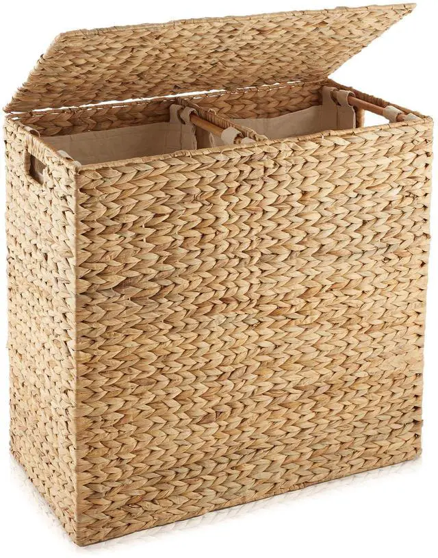 Main image of Casafield 2-Section Laundry Hamper with Removable Liner Bags - Natural, Woven Water Hyacinth Double Laundry Basket Sorter for Clothes and Towels