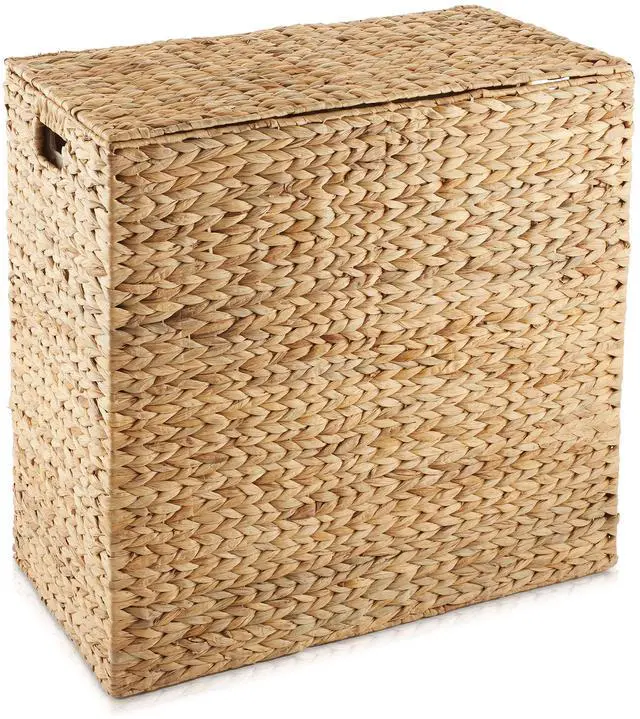 Alt view image 3 of 6 - Casafield 2-Section Laundry Hamper with Removable Liner Bags - Natural, Woven Water Hyacinth Double Laundry Basket Sorter for Clothes and Towels