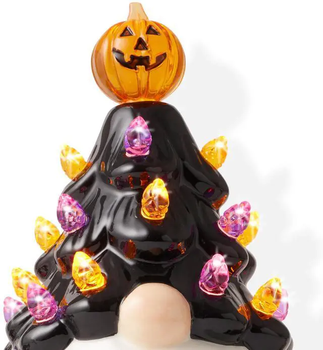 Alt view image 3 of 6 - Casafield Ceramic Halloween Gnome Night Light - Black Tree Gnome Plug-in Vintage Halloween Decorative Night Light with 15 Bulbs and Star Topper