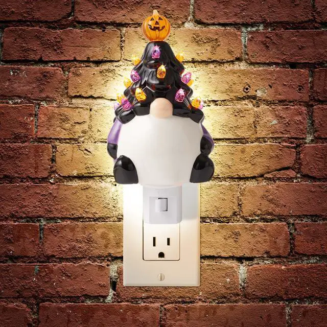 Alt view image 2 of 6 - Casafield Ceramic Halloween Gnome Night Light - Black Tree Gnome Plug-in Vintage Halloween Decorative Night Light with 15 Bulbs and Star Topper